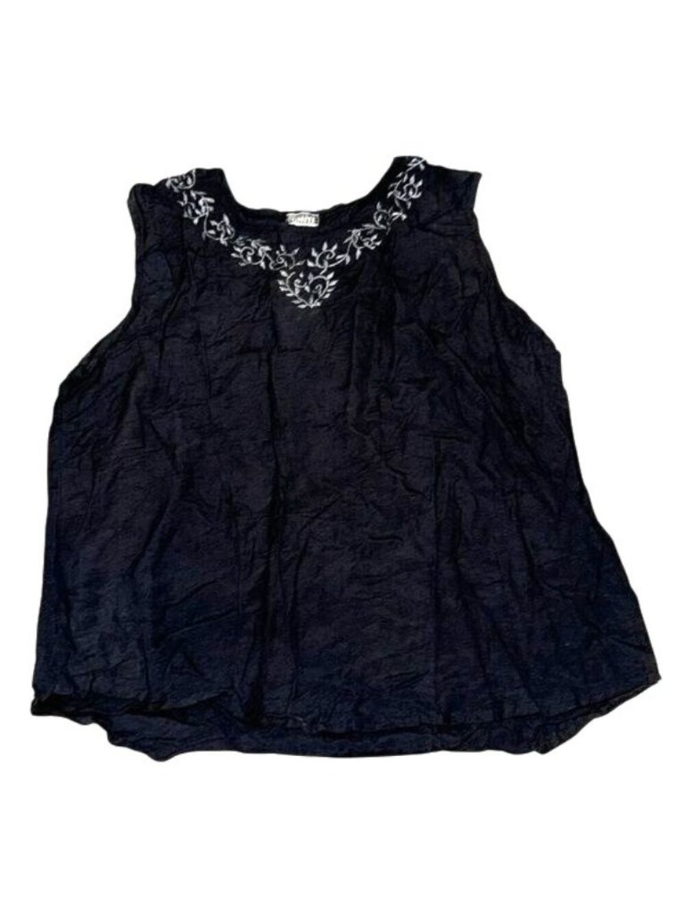 Uniti Casuals Black 3X Sleeveless Linen & Rayon Blouse With White Embroidered Ne